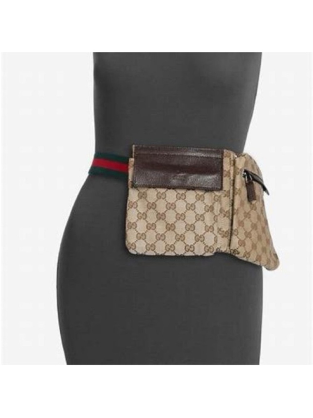 Gucci Beige GG Supreme Canvas Belt Bag with Brown Leather and Green-Red Stripe